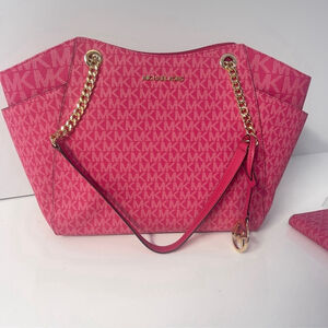 Michael Kors Large Chain Shoulder Tote MK Signature Logo Electric Pink